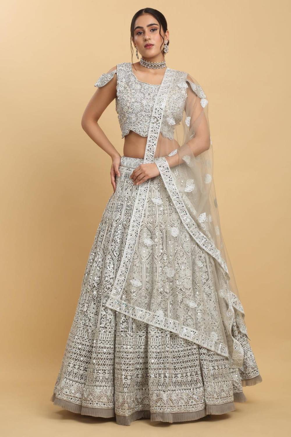 Chandra Kiran Silver Mirror Embroidered Lehenga Set