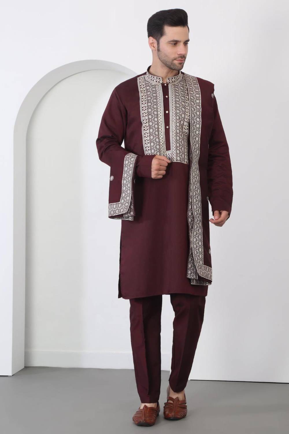 Nawaab Embroidered Kurta Dupatta Pants Set - Dark Wine