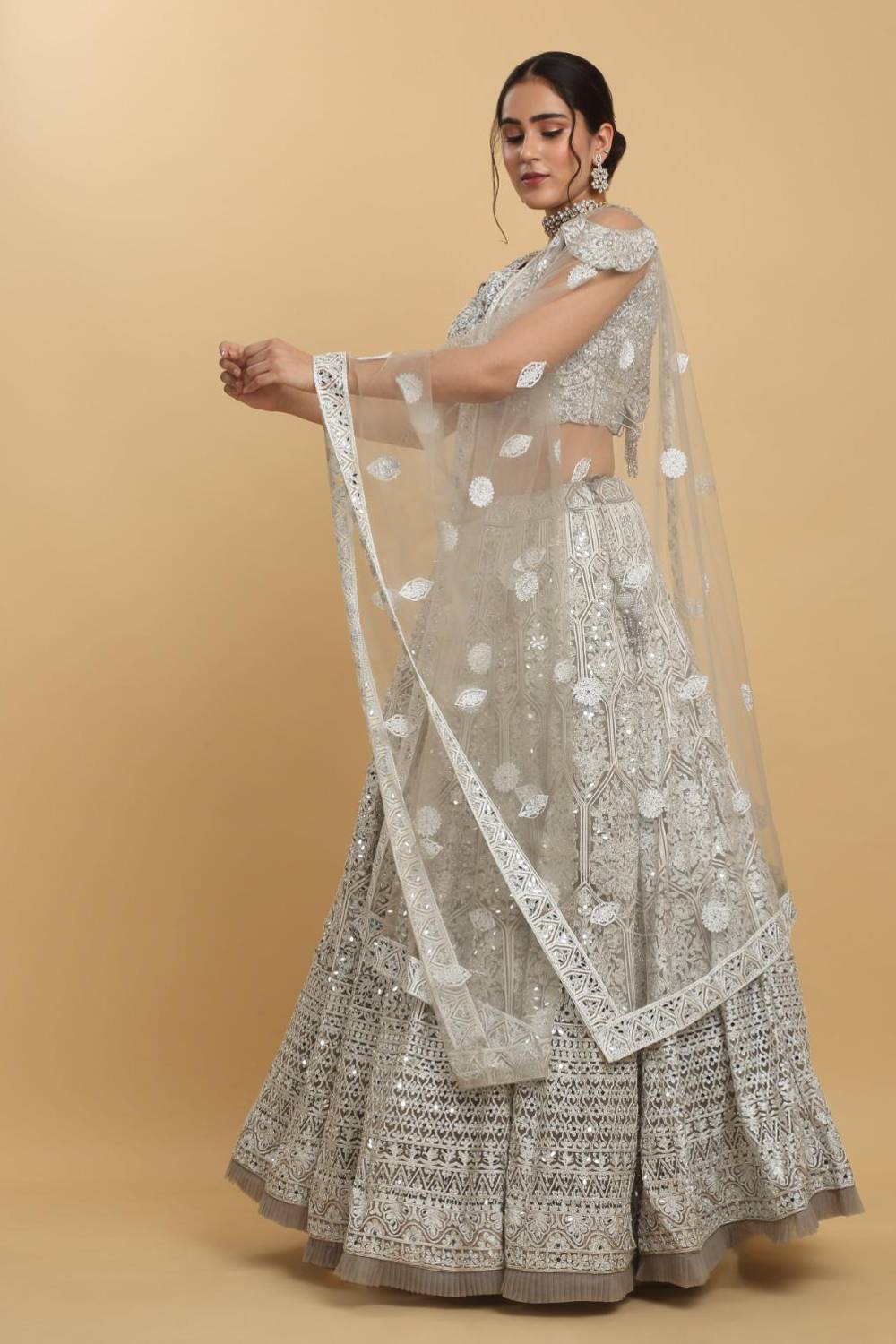 Chandra Kiran Silver Mirror Embroidered Lehenga Set