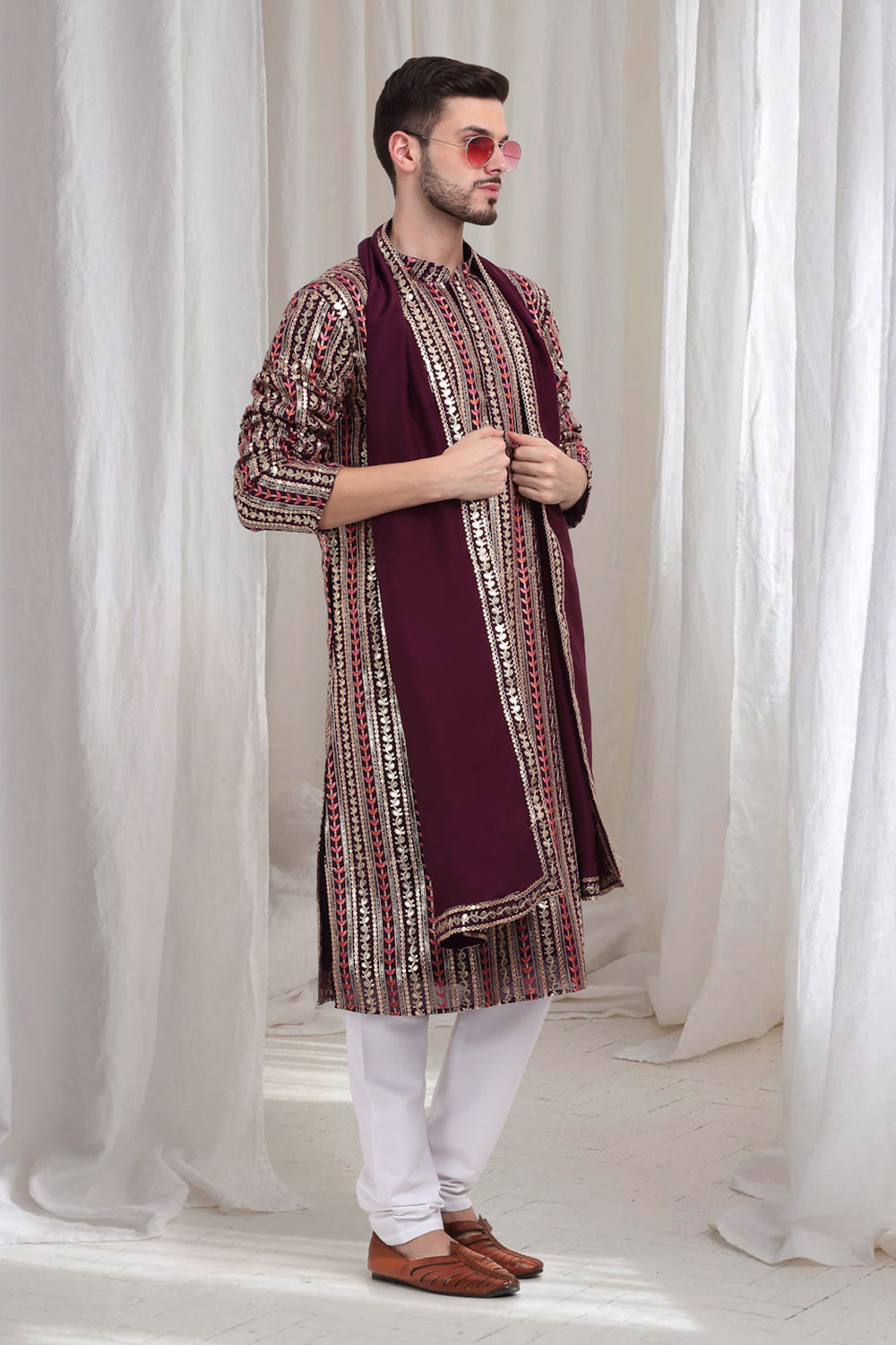 Jalsa Embroidered Linear Floral Kurta Churidar Set - Dark Wine