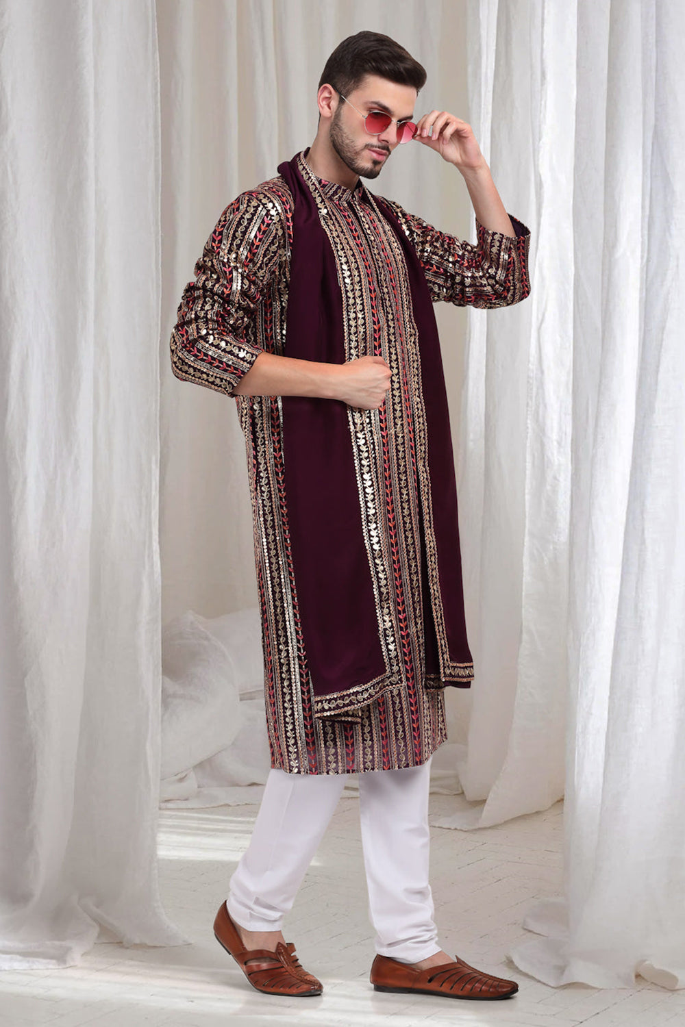 Jalsa Embroidered Linear Floral Kurta Churidar Set - Dark Wine