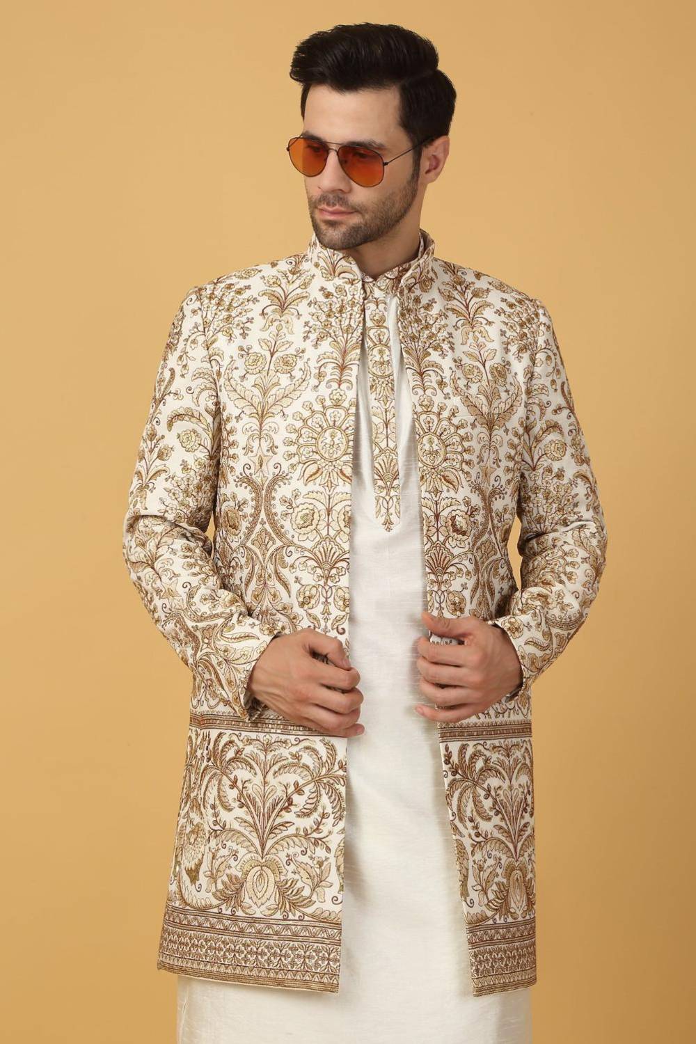 Nizam Embroidered Indo Western Jacket Set - Ivory