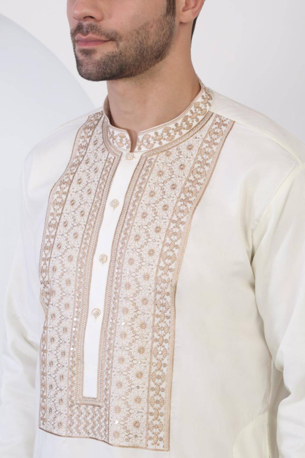 Nawaab Embroidered Kurta Dupatta Pants Set - Cream