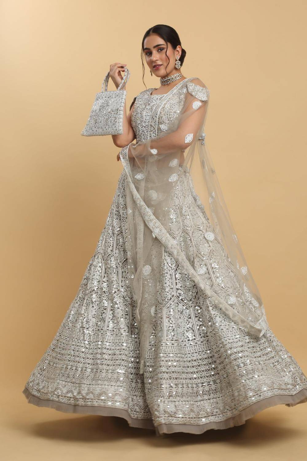 Chandra Kiran Silver Mirror Embroidered Lehenga Set