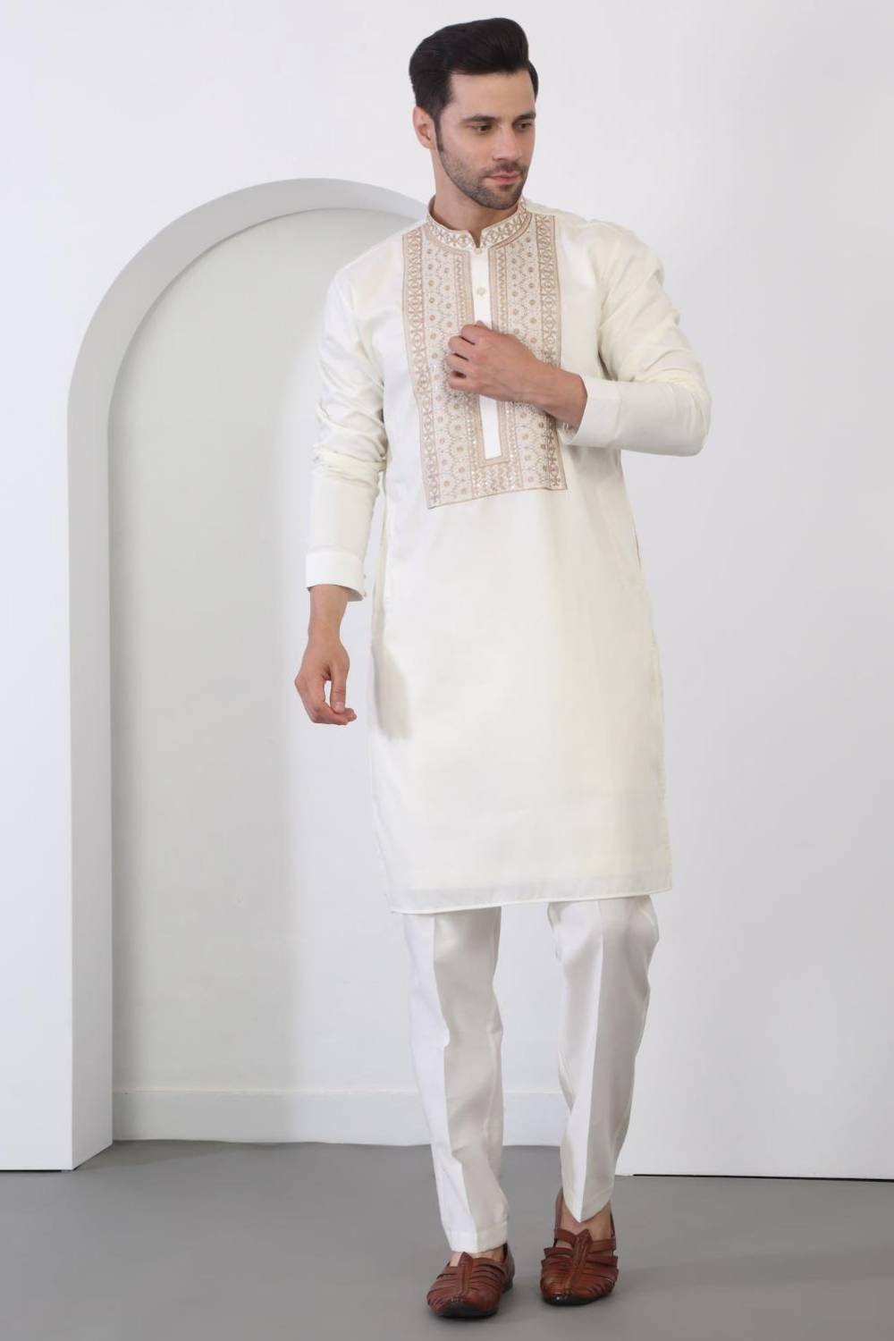 Nawaab Embroidered Kurta Dupatta Pants Set - Cream