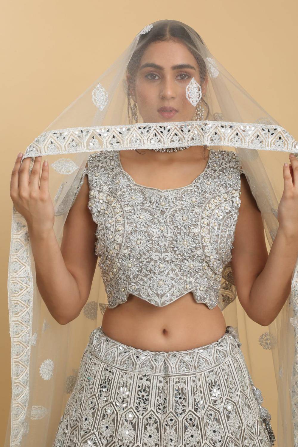 Chandra Kiran Silver Mirror Embroidered Lehenga Set