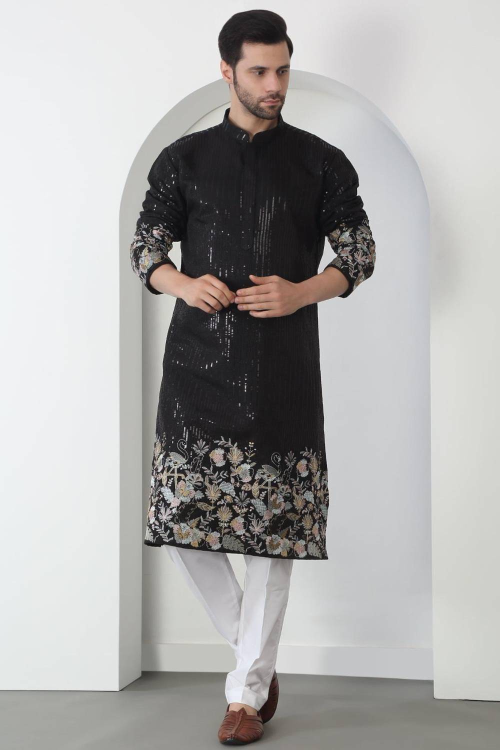Neelkamal Black Cotton Embroidered Floral Thread Kurta Set