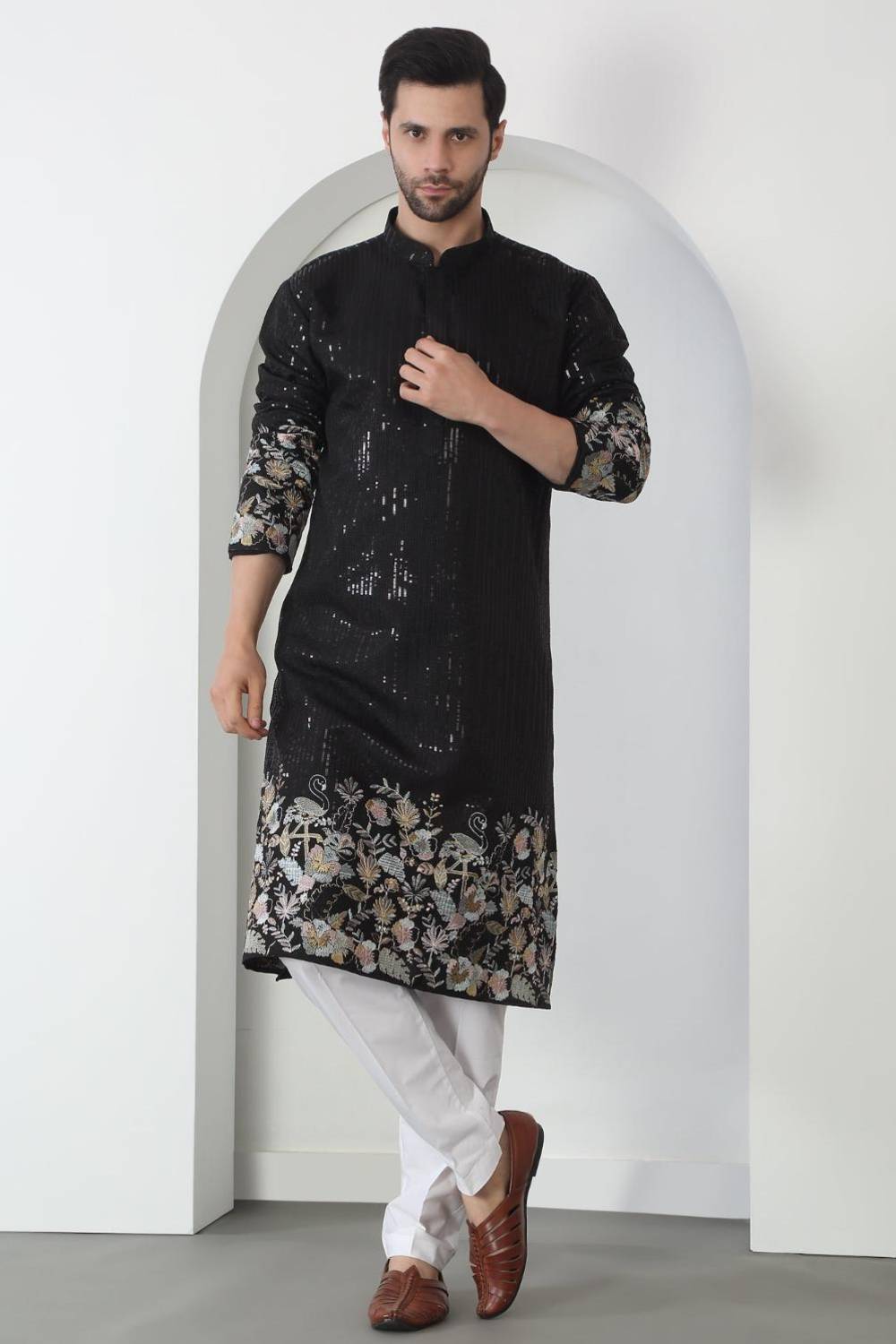 Neelkamal Black Cotton Embroidered Floral Thread Kurta Set