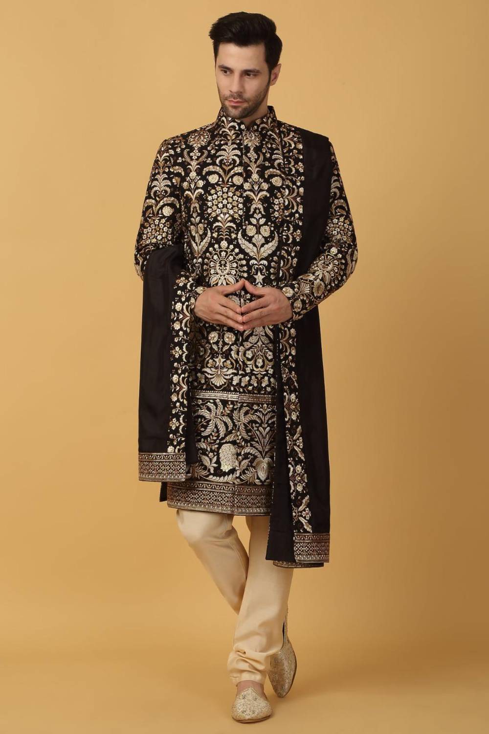 Nizam Embroidered Sherwani Set - Black