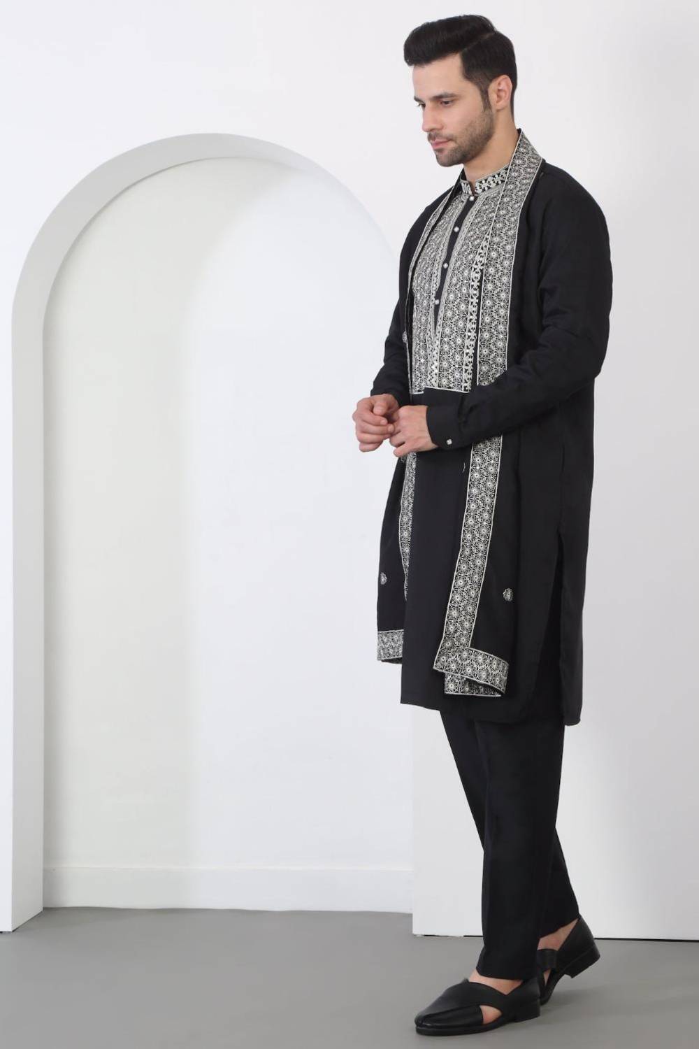 Nawaab Embroidered Kurta Dupatta Pants Set - Black