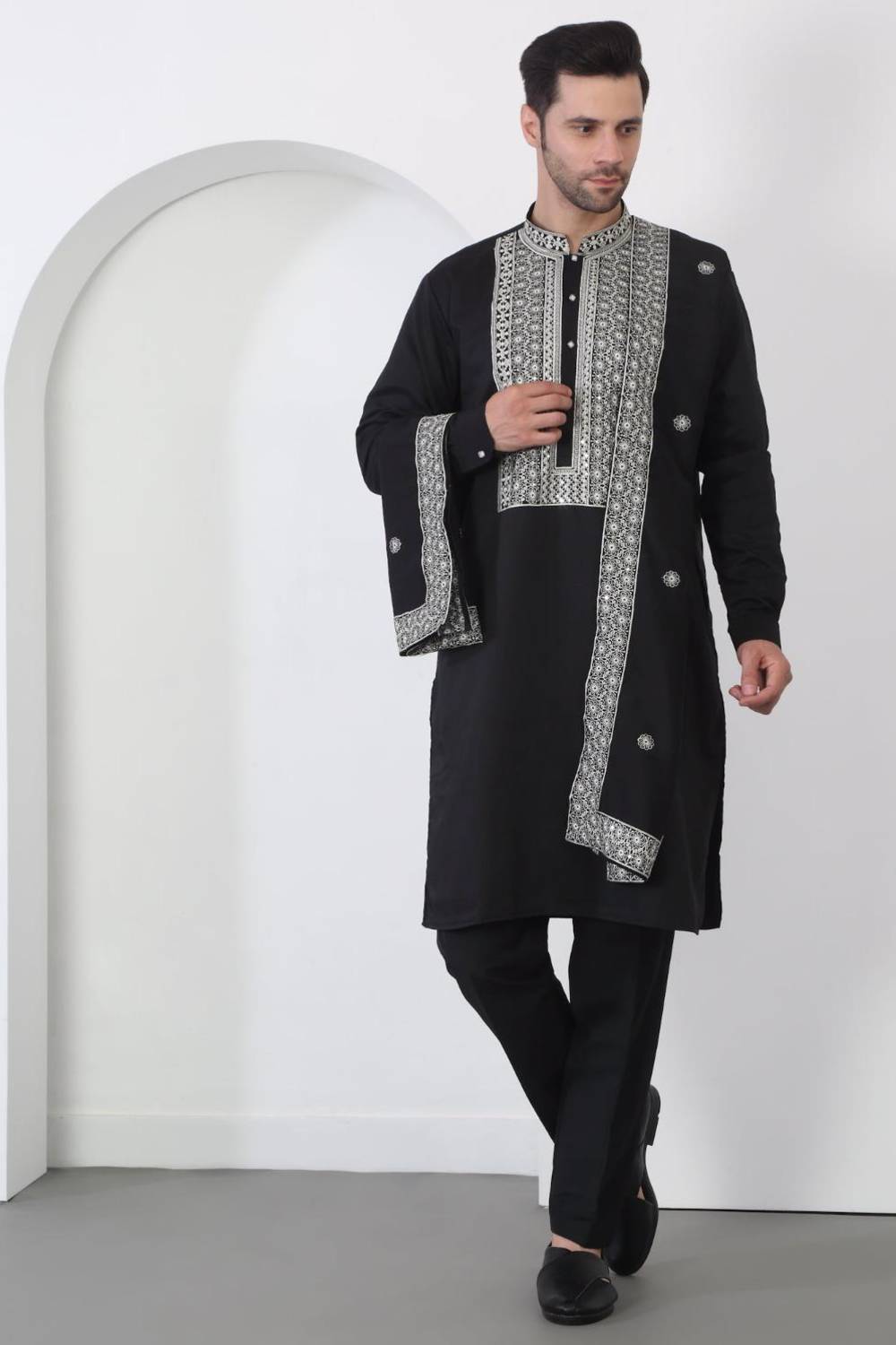 Nawaab Embroidered Kurta Dupatta Pants Set - Black
