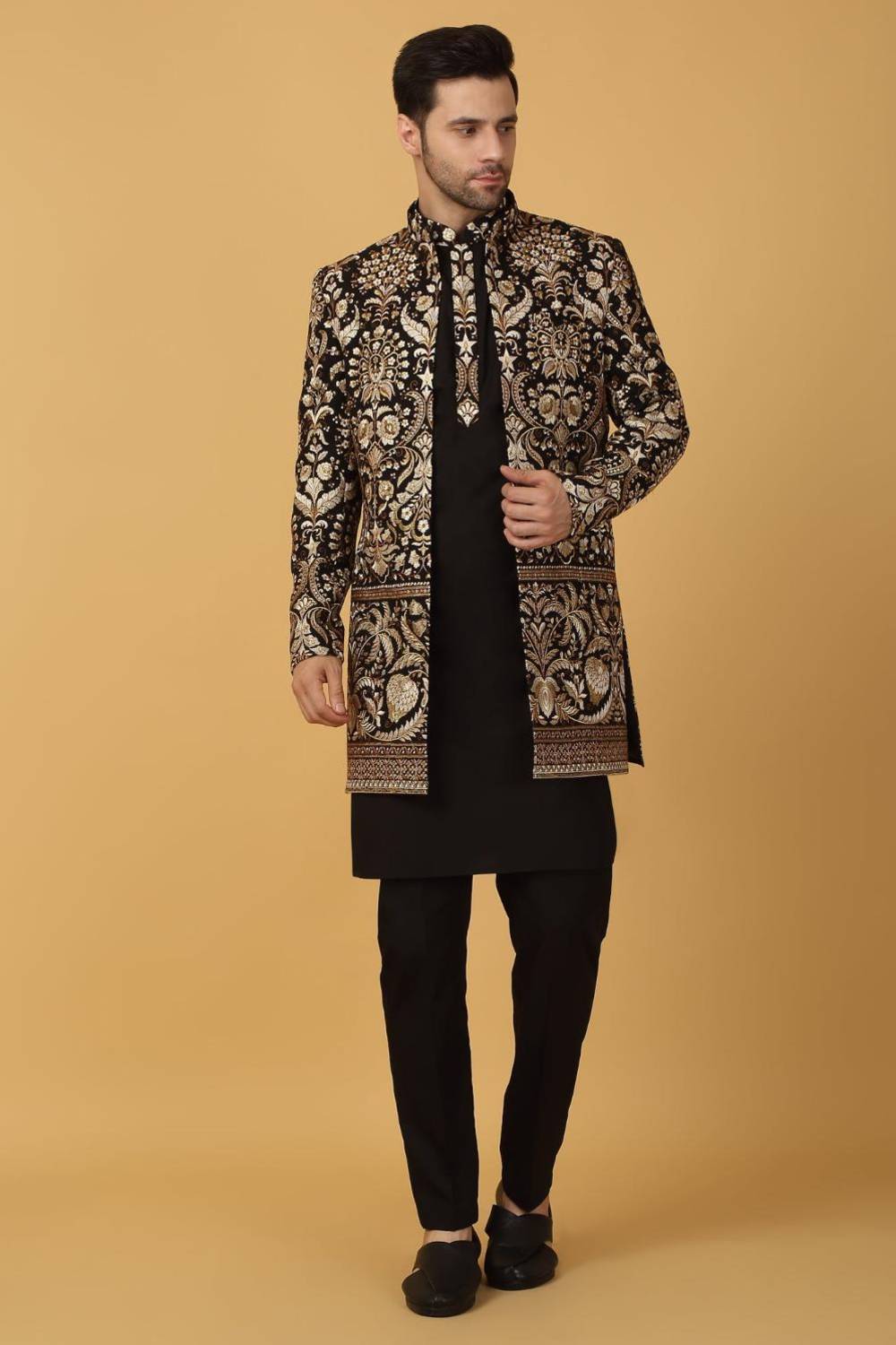 Nizam Embroidered Indo Western Jacket Set - Black