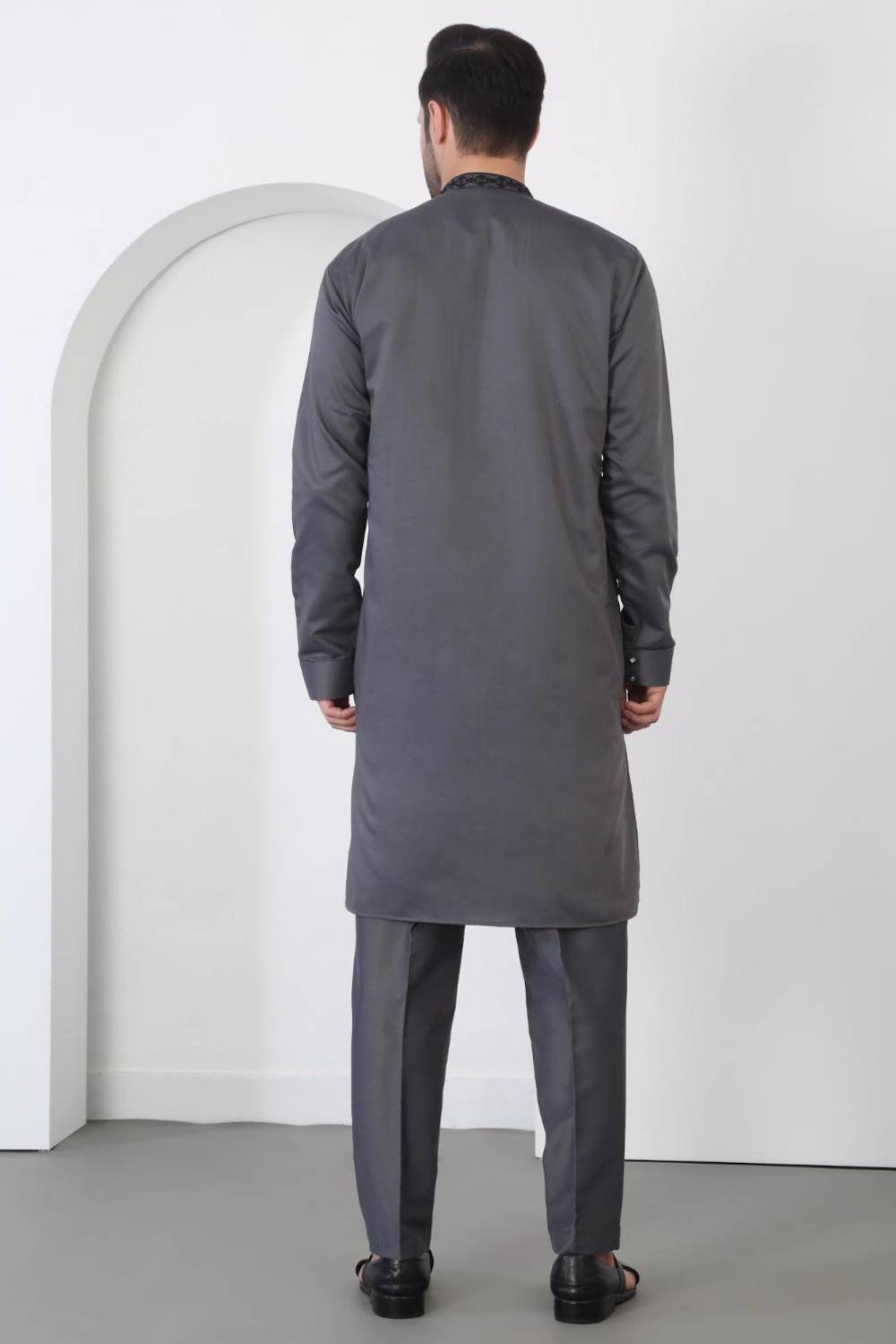 Nawaab Embroidered Kurta Dupatta Pants Set - Grey