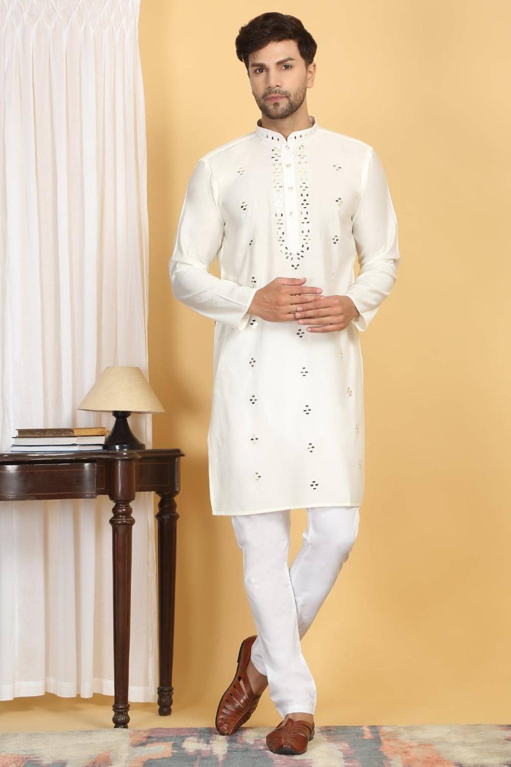 Swarna Mirror Work Kurta And Pant Set - Cream