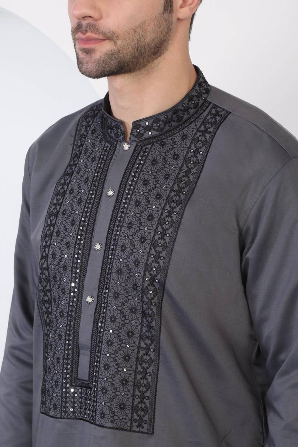 Nawaab Embroidered Kurta Dupatta Pants Set - Grey