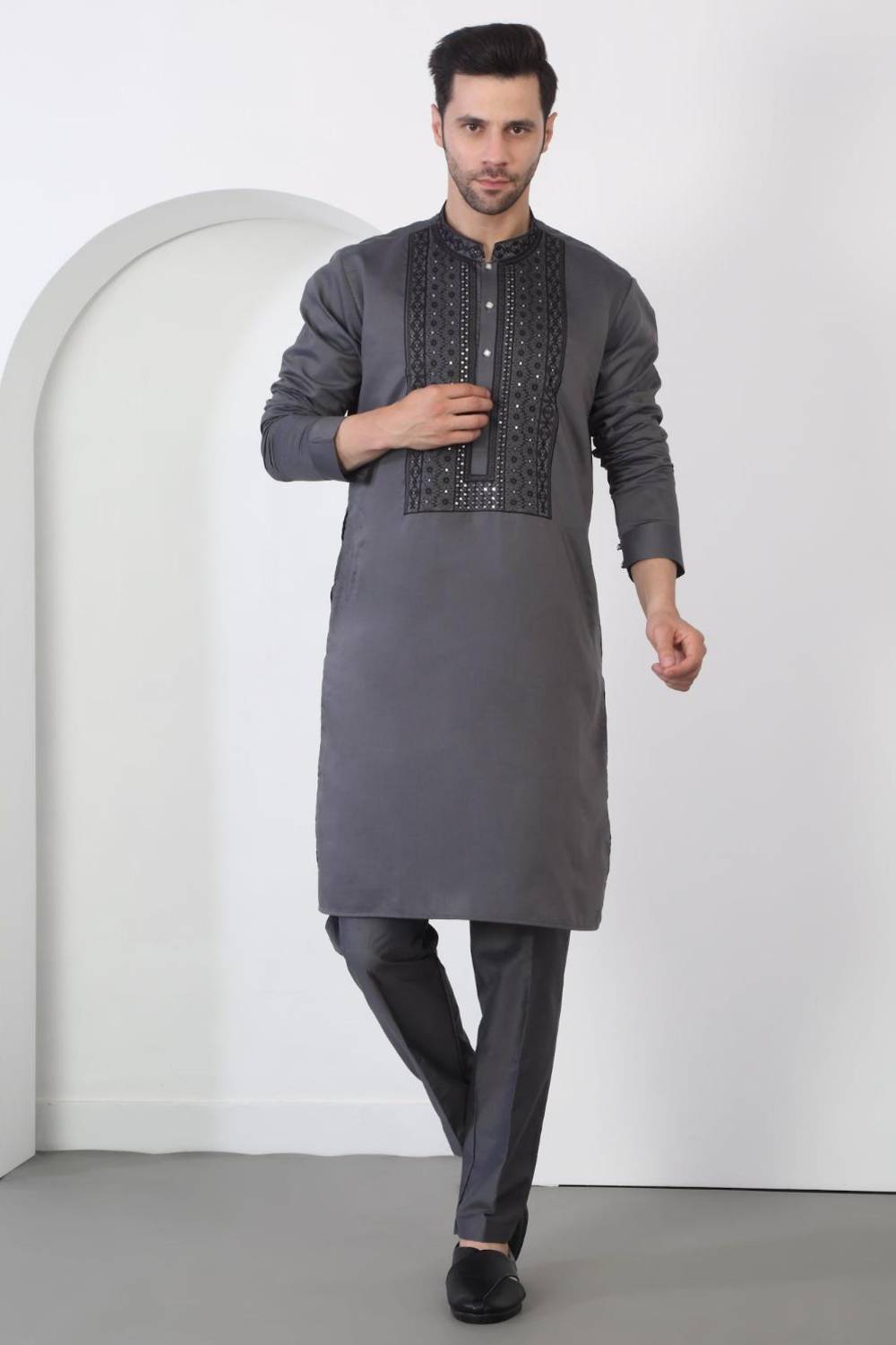 Nawaab Embroidered Kurta Dupatta Pants Set - Grey