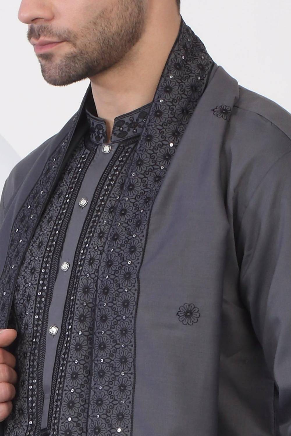 Nawaab Embroidered Kurta Dupatta Pants Set - Grey