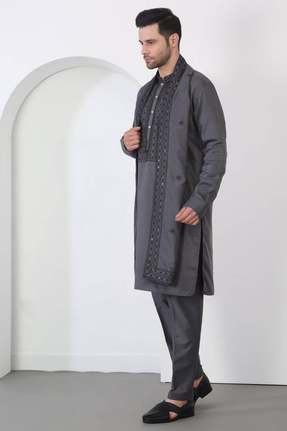 Nawaab Embroidered Kurta Dupatta Pants Set - Grey
