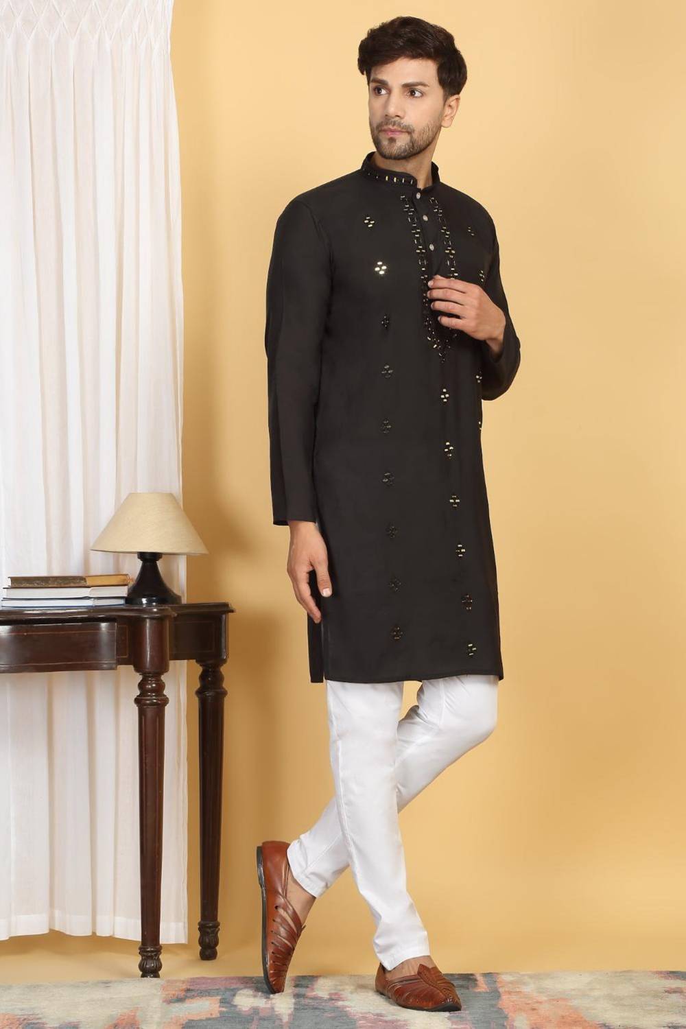 Swarna Mirror Work Kurta And Pant Set - Black