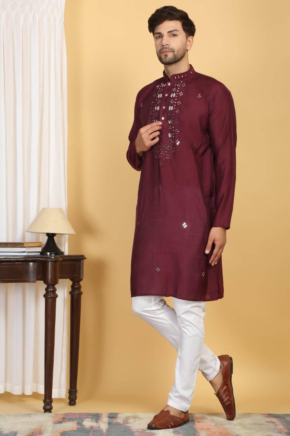 Rajat Mirror Embroidery Work Kurta And Pant Set - Maroon Wine