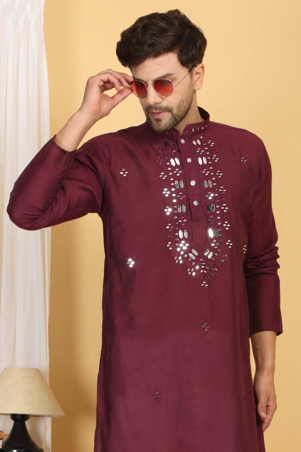 Rajat Mirror Embroidery Work Kurta And Pant Set - Maroon Wine