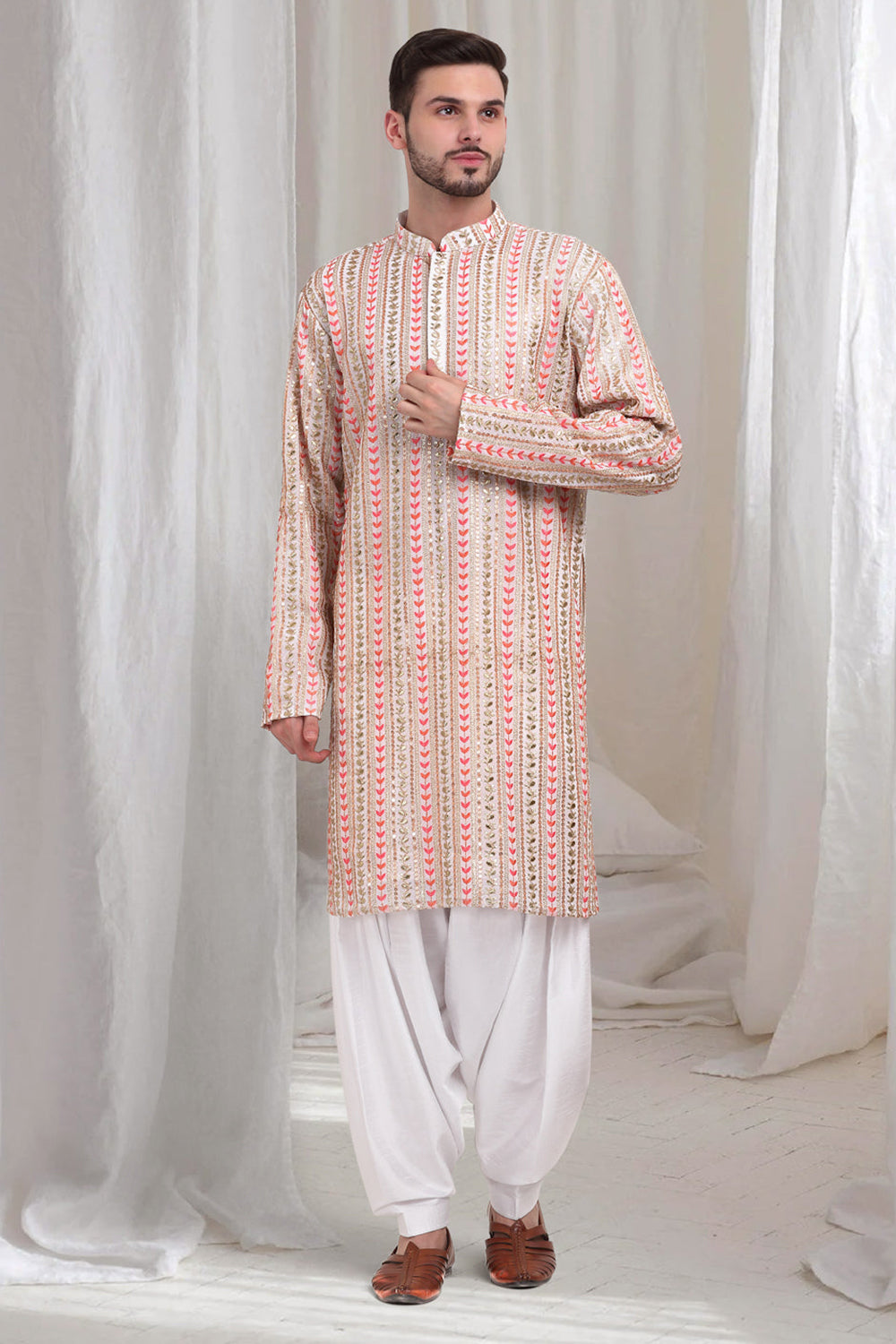 Jalsa Embroidered Linear Floral Kurta Patiala Set - Ivory