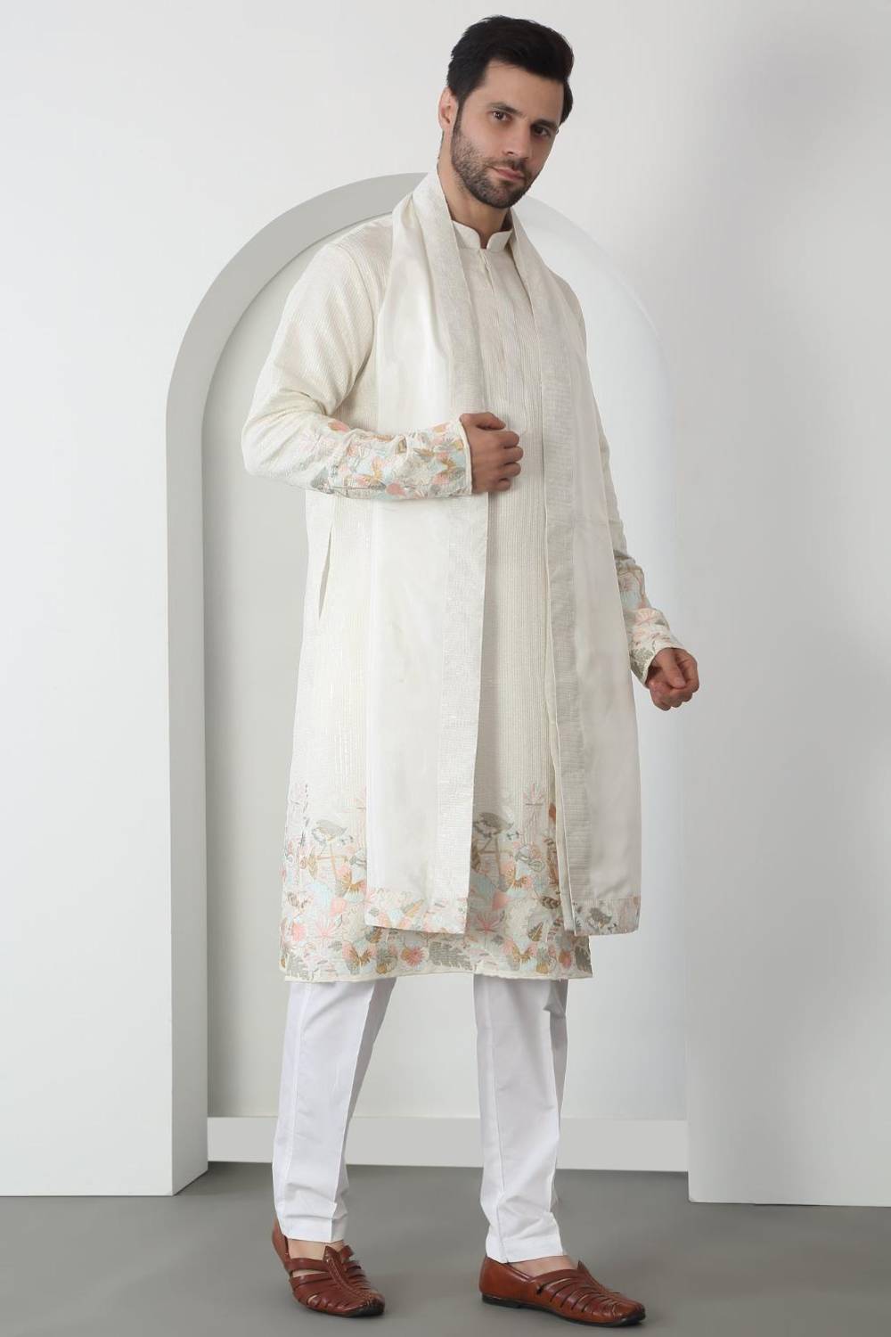 Shwet Off White Cotton Embroidered Sequin Floral Thread Kurta Set