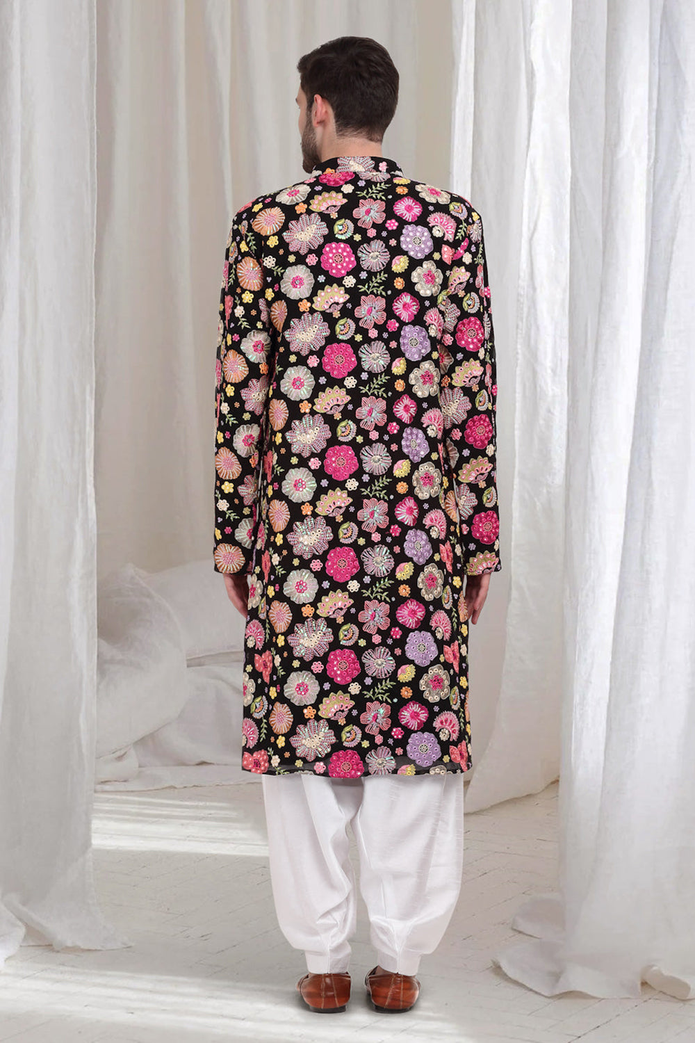 Pushpvilaas Embroidered Flower Kurta Patiala Set- Black