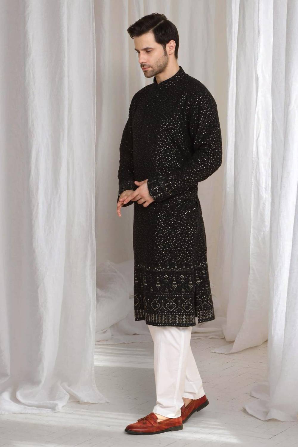 Mehfil Cotton Embroidery Thread Kurta Set - Black
