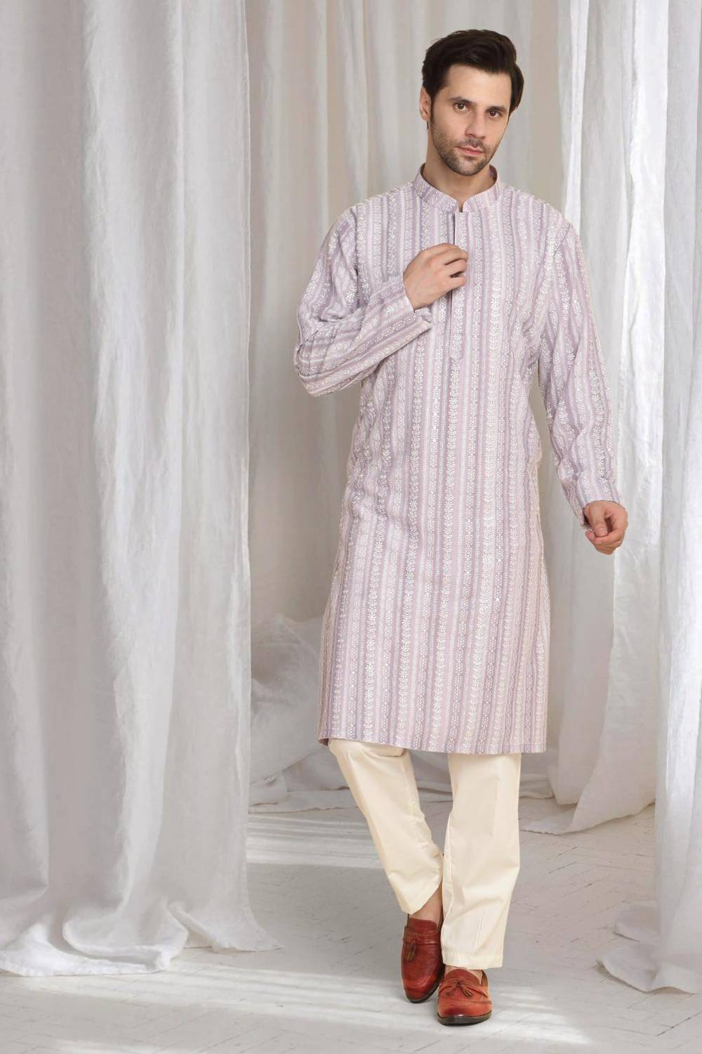 Prafull Cotton Embroidery Pastel Kurta Set - Pastel Purple