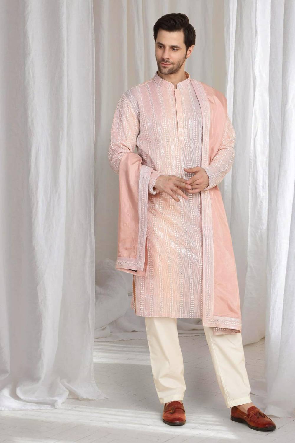 Ambar Ombre Embroidered Kurta Dupatta Set - Pastel Coral