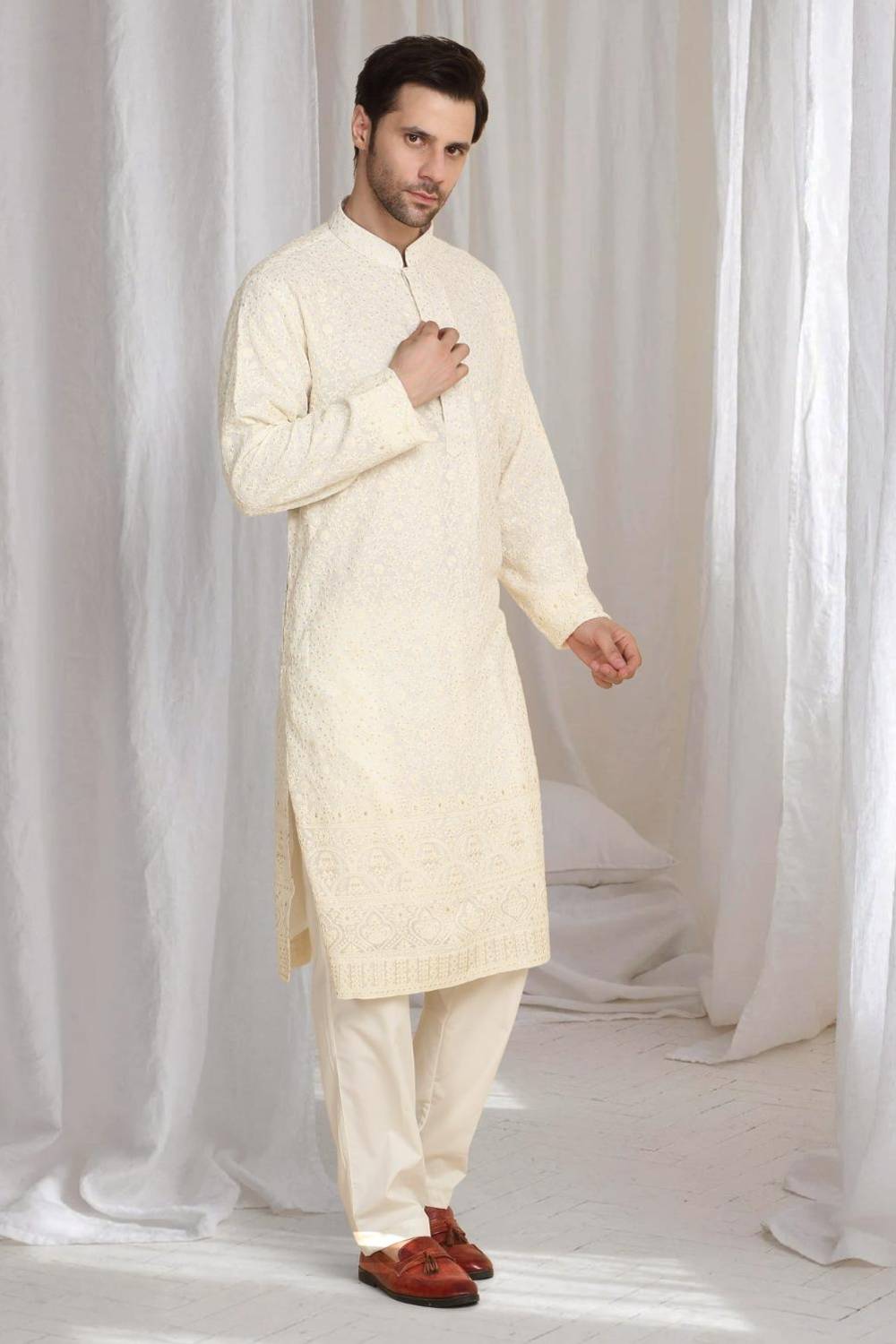 Mehfil Cotton Embroidery Thread Kurta And Dupatta Set - Cream