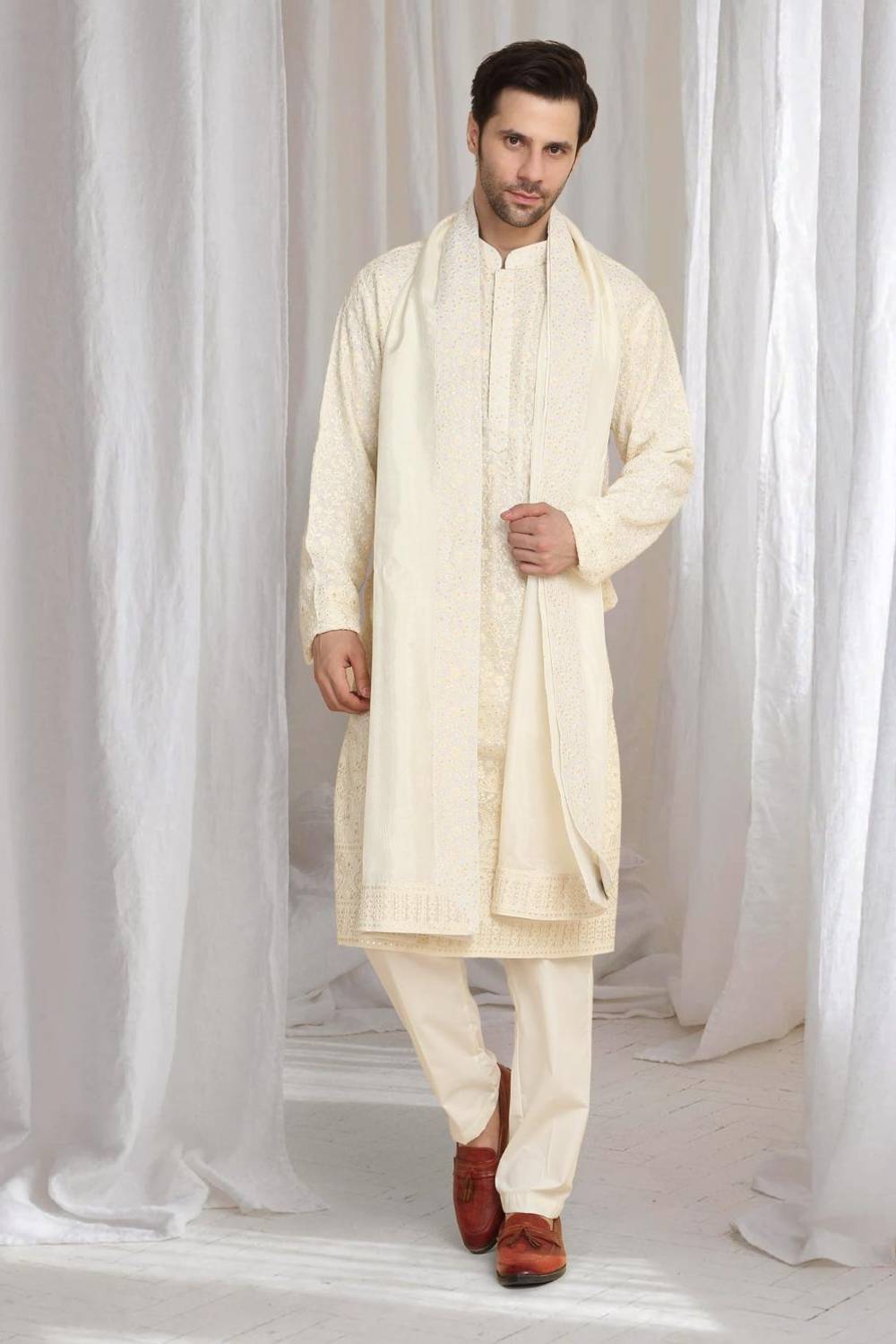 Mehfil Cotton Embroidery Thread Kurta And Dupatta Set - Cream