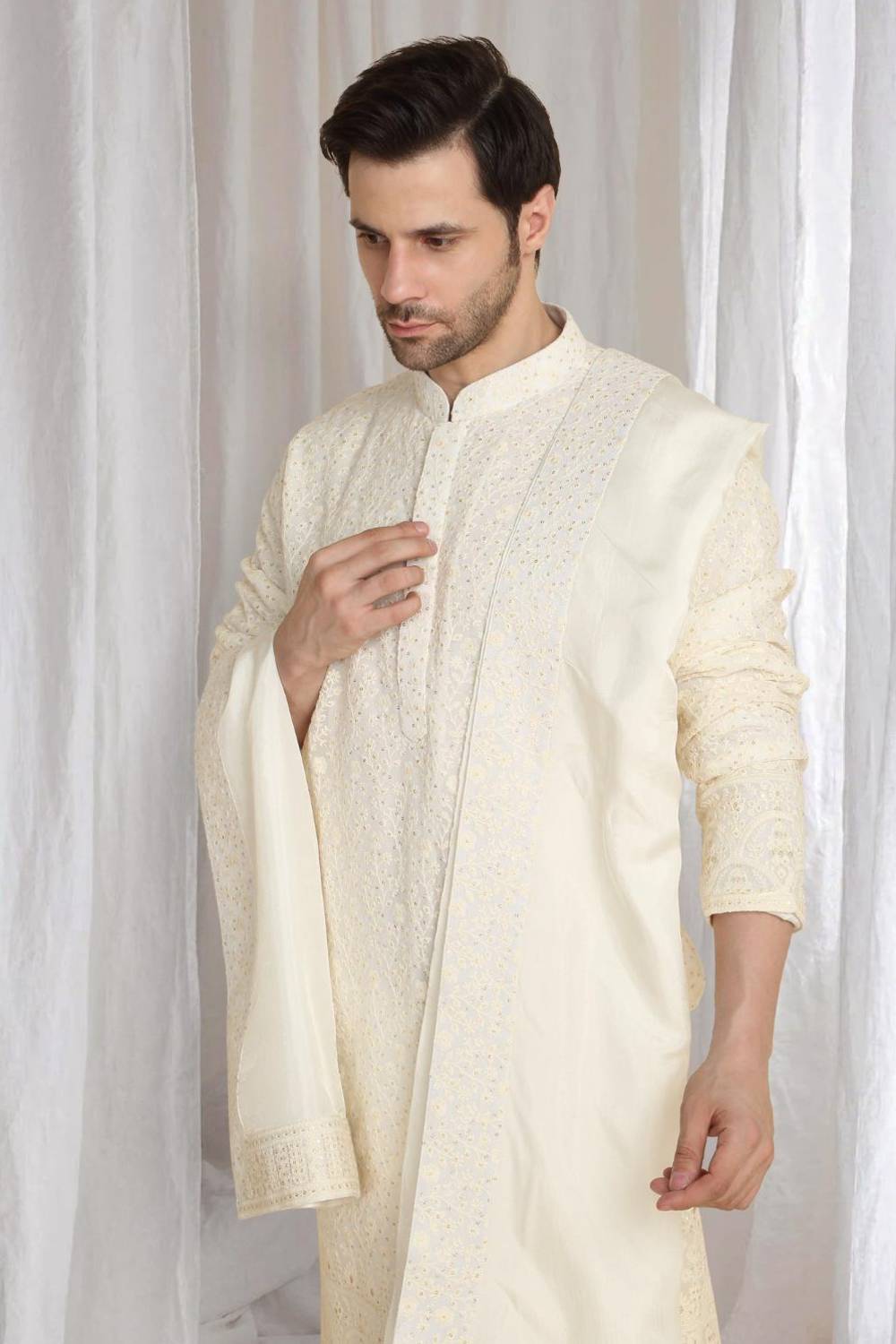 Mehfil Cotton Embroidery Thread Kurta And Dupatta Set - Cream