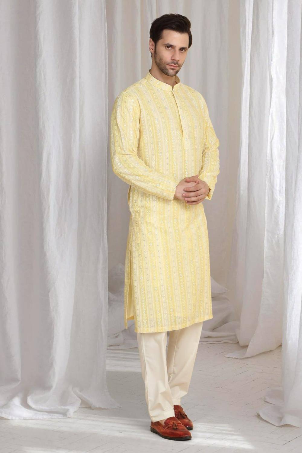 Prafull Yellow Cotton Embroidery Pastel Kurta Set