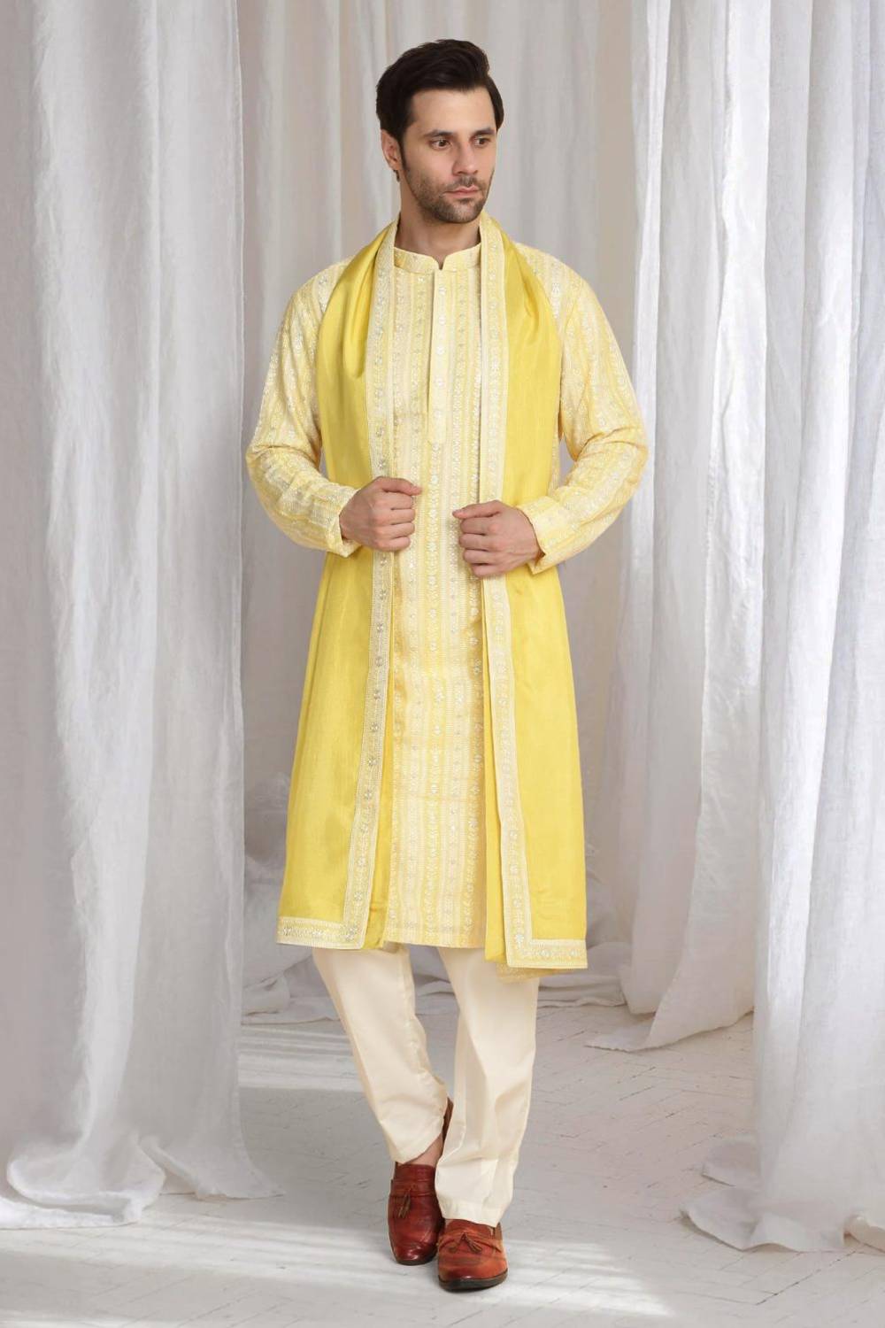 Prafull Yellow Cotton Embroidery Pastel Kurta Set
