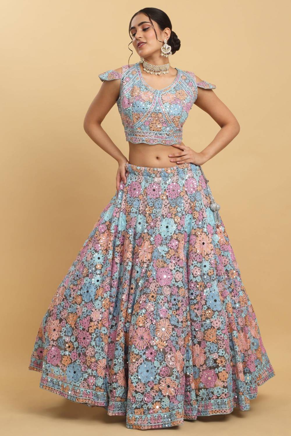 Bahaara Thread And Mirror Embroidered Layered Lehenga Set
