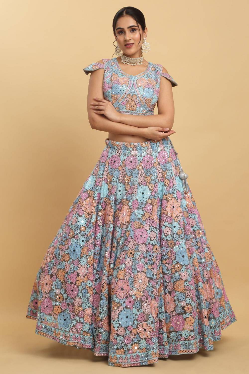Bahaara Thread And Mirror Embroidered Layered Lehenga Set