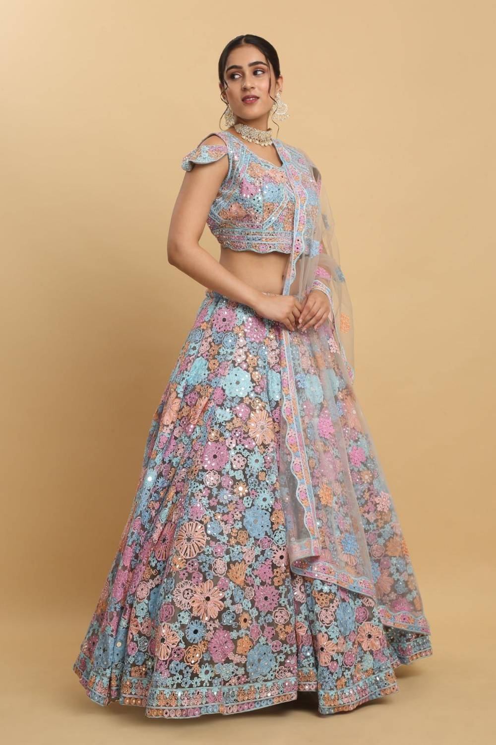 Bahaara Thread And Mirror Embroidered Layered Lehenga Set
