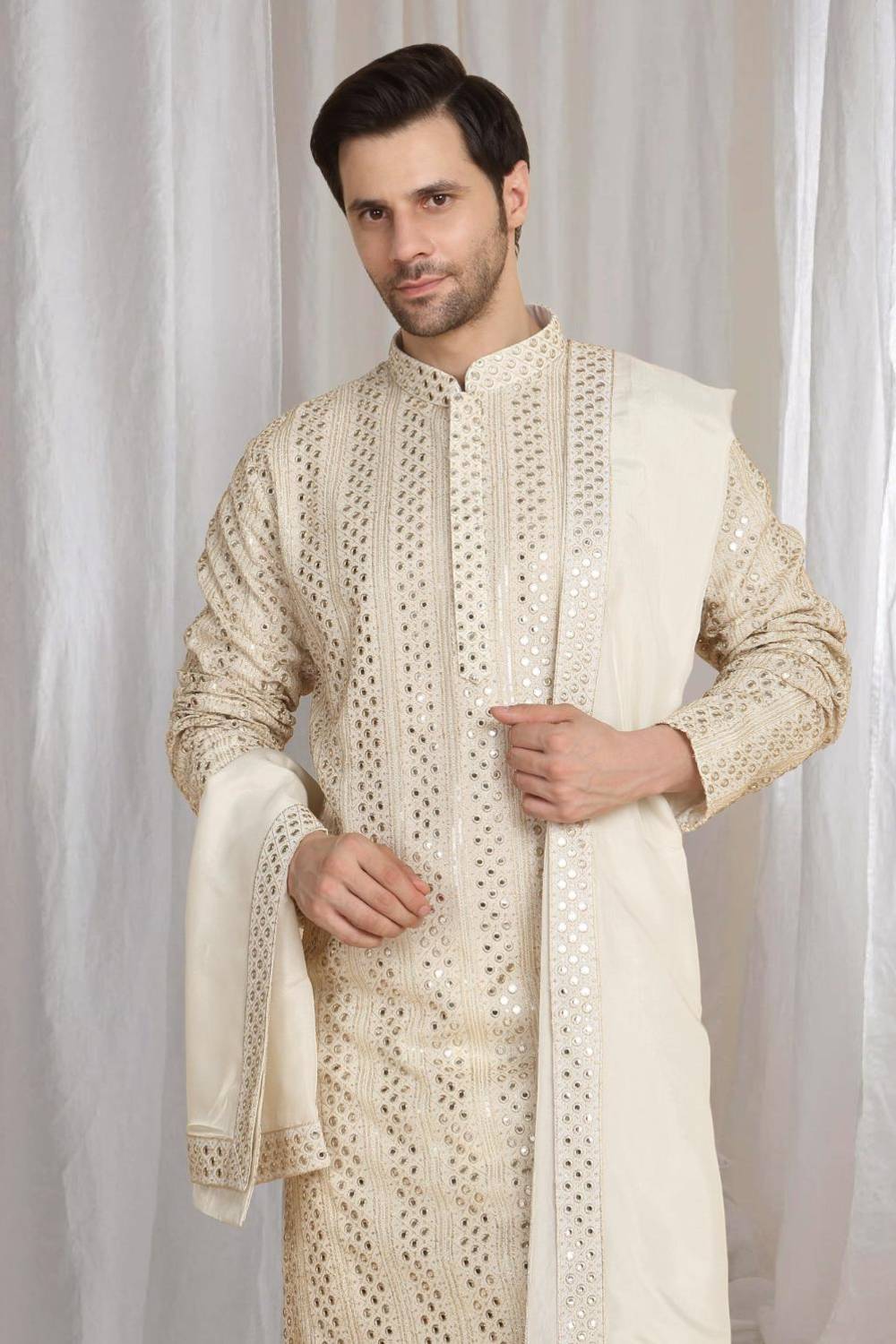 Rajaji Beige Cotton Zari Gold Thread Embroidered Kurta Set