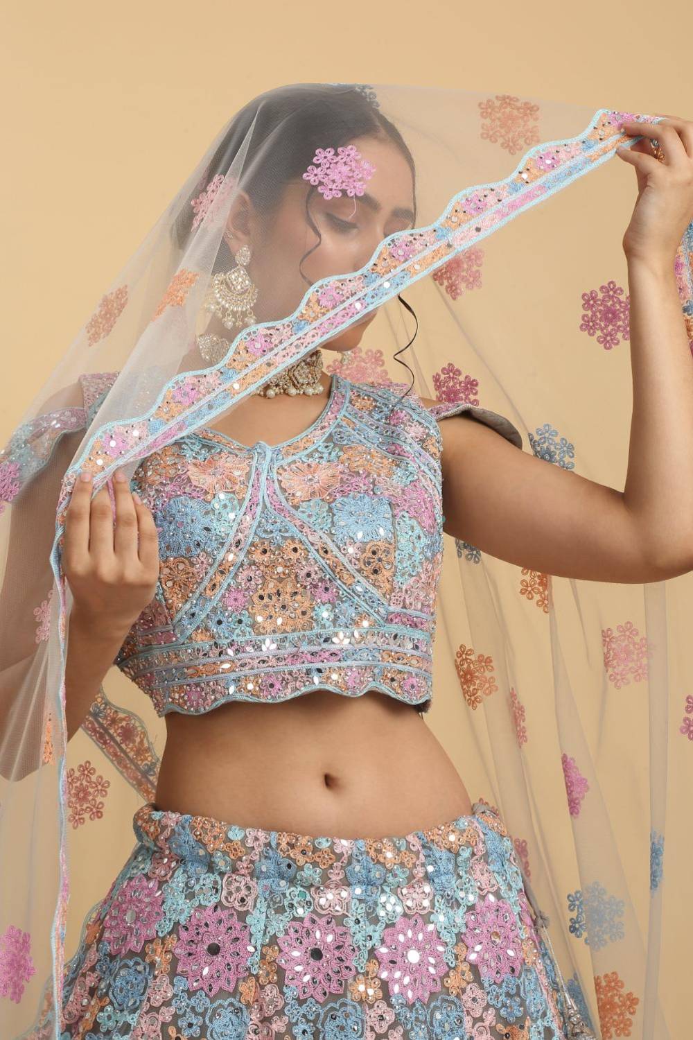 Bahaara Thread And Mirror Embroidered Layered Lehenga Set