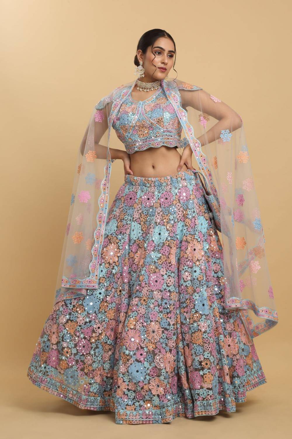 Bahaara Thread And Mirror Embroidered Layered Lehenga Set