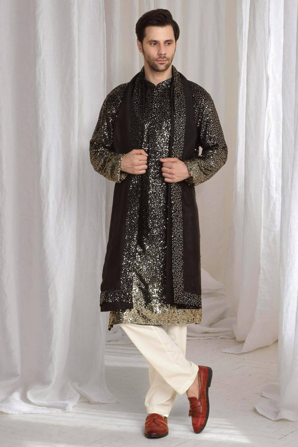 Sequins Ombre Embroidered Kurta Dupatta Set - Black