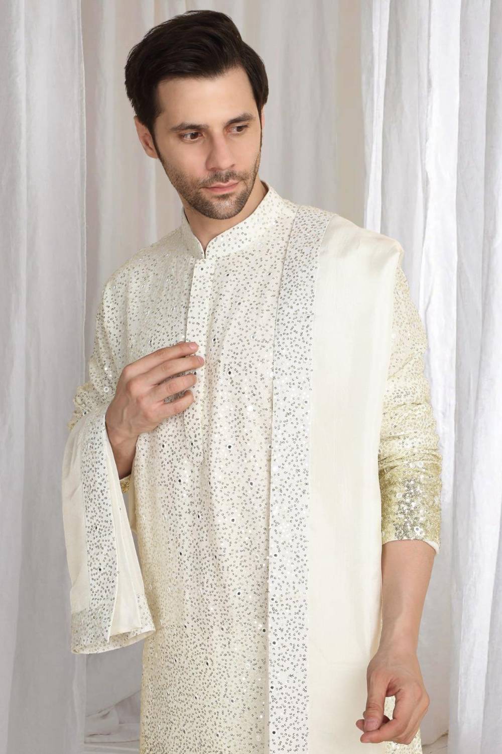 Sequins Ombre Embroidered Kurta Dupatta Set - Cream