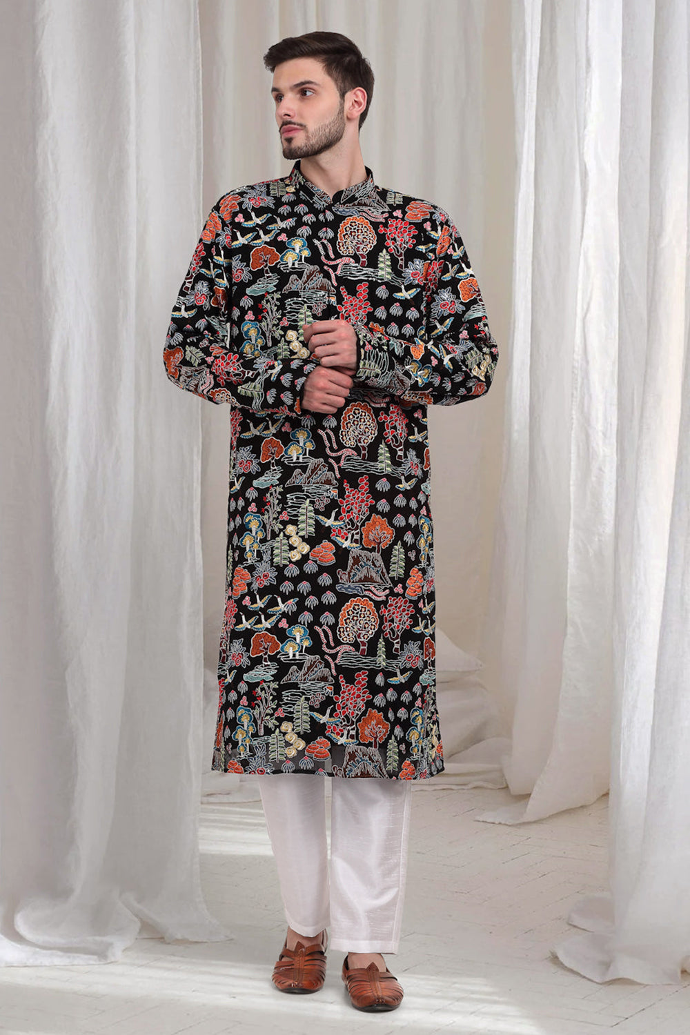 Tarnam Embroidered Nature Kurta Pant Set - Black