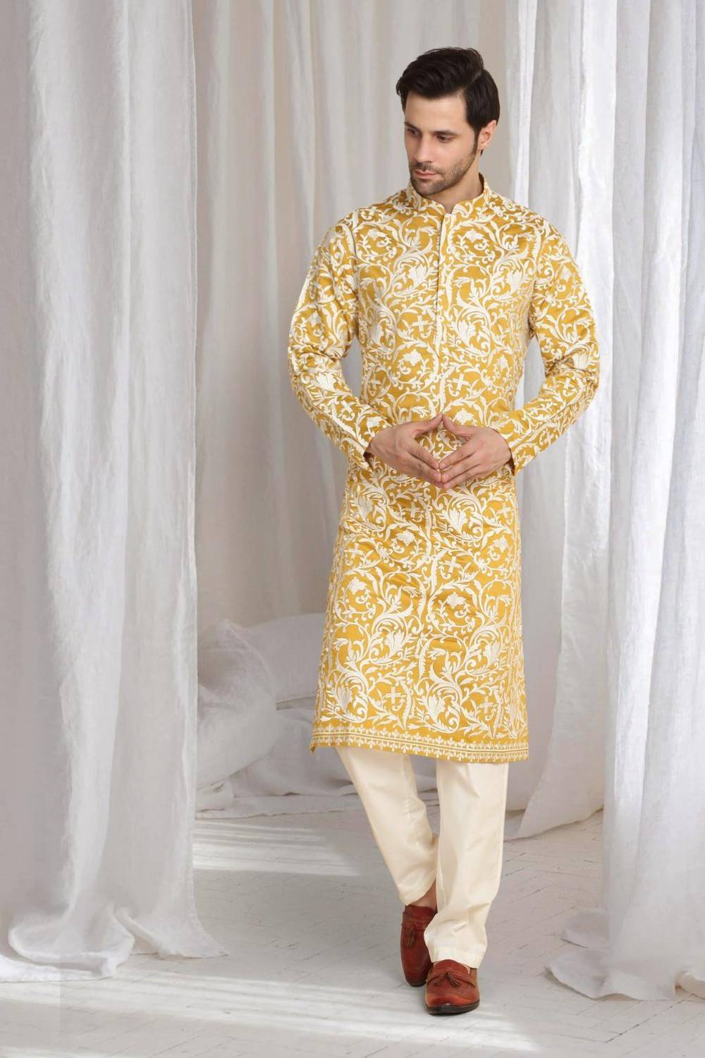 Aham Flora Thread Embroidered Kurta Set - Festive Yellow