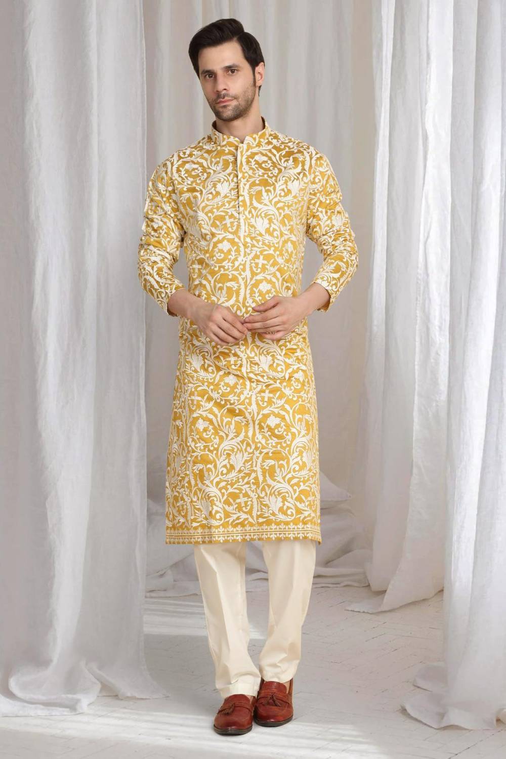 Aham Flora Thread Embroidered Kurta Set - Festive Yellow