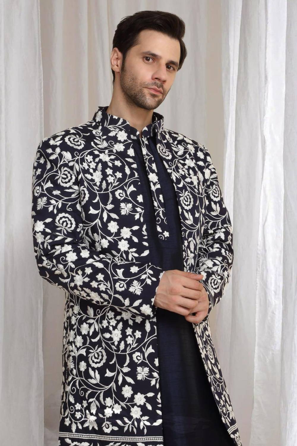 Pushp Floral Embroidered Jacket Kurta Pant Set - Navy Blue