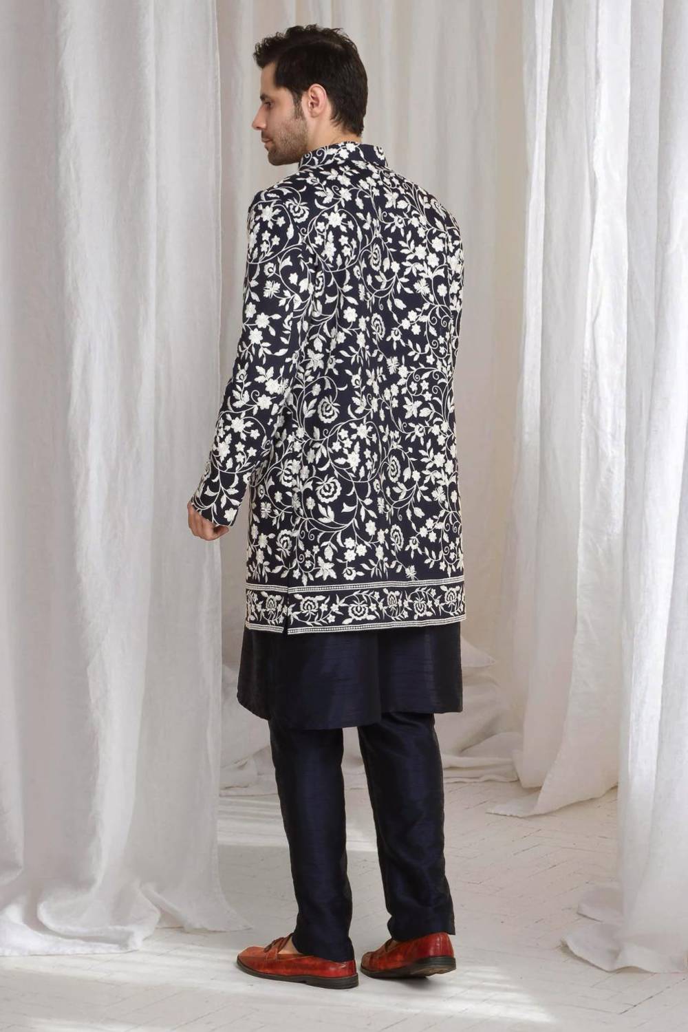 Pushp Floral Embroidered Jacket Kurta Pant Set - Navy Blue