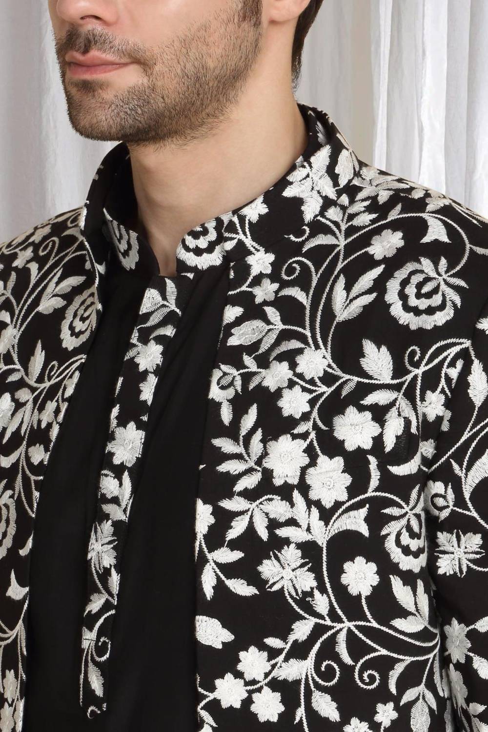Pushp Floral Embroidered Jacket Kurta Pant Set - Black